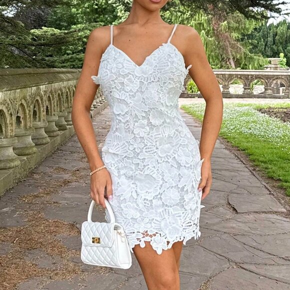 White Elegant Women's Milk Silk Embroidered Mini Slip Dress - Picture 4 of 5